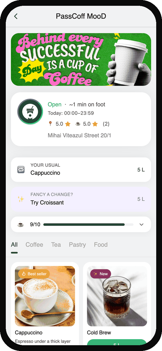 PassCoff app with example data